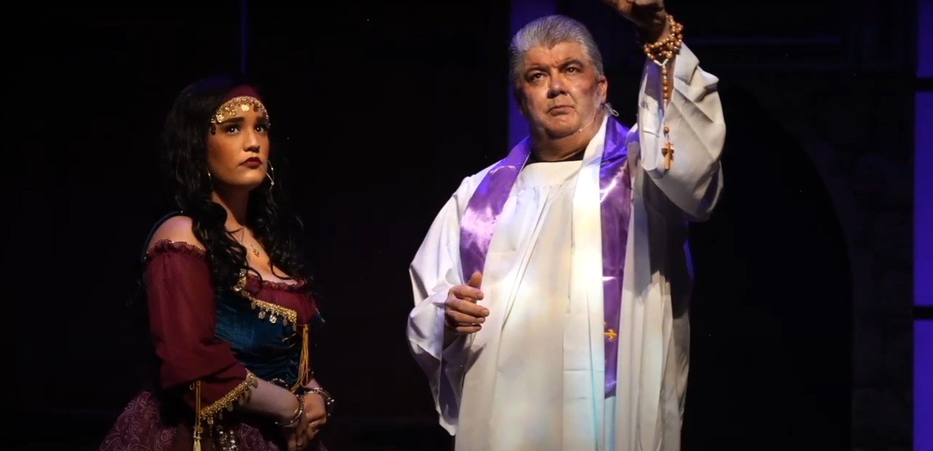 Catherine as Esmeralda in The Hunchback of Notre Dame with Seminole Theatre. For her performance, she was nominated for 2022 BroadwayWorld Miami Metro Awards as Best Performer in a Musical. Featured: John Rudolph as Dom Claude Frollo